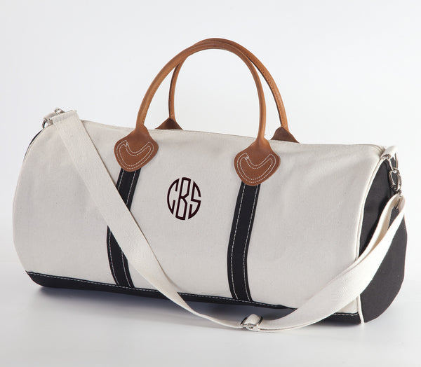 Monogrammed Round Duffle Bag | Personalized Canvas and Leather Travel Weekender Tote