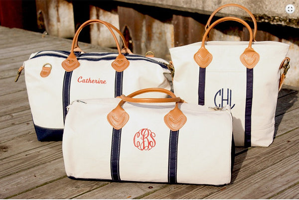 Monogrammed Round Duffle Bag | Personalized Canvas and Leather Travel Weekender Tote